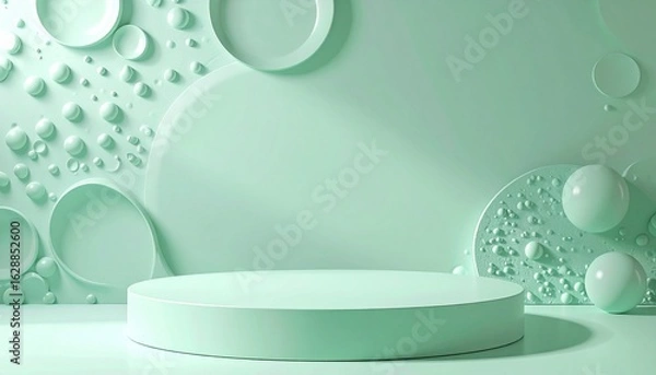 Fototapeta ペールミントグリーンの柔らかな曲線ステージと浮き彫り泡模様の壁が魅せるエレガントな抽象空間

