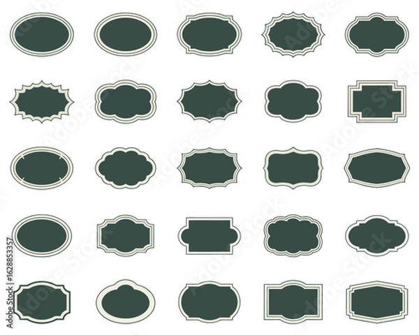 Fototapeta A diverse collection of 25 classic label shapes and vintage frames with ornamental borders, organized in a grid formation.