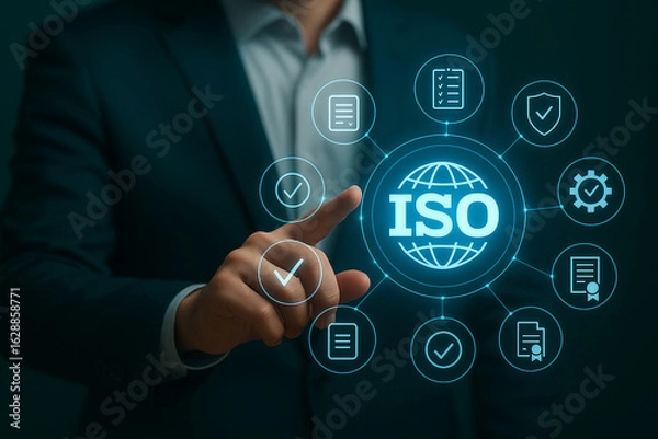 Fototapeta Businessman Interacting with ISO Standard Certification Global Network Interface