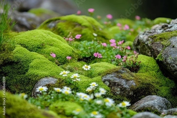 Fototapeta A mystical and luminescent moss texture from an enchanted forest serves as a backdrop that is both whimsical and enchanting, with a rare and mystical mossy surface