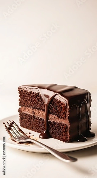 Fototapeta A delicious slice of chocolate cake with rich frosting on a plate with a fork. 