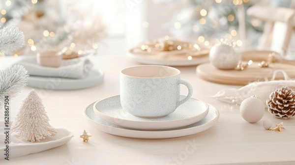 Fototapeta Elegant Christmas table setting with light blue speckled dinnerware, frosted winter decor, and sparkling bokeh lights for serene holiday meal.