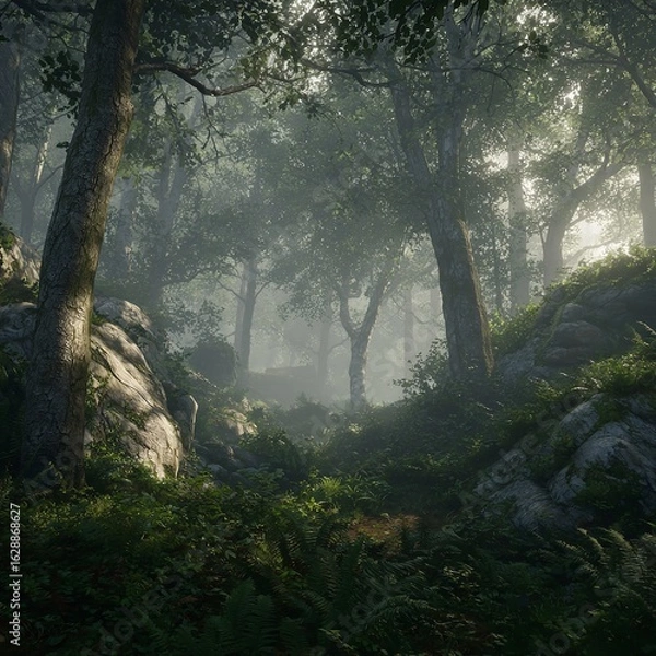 Fototapeta Tranquil Woodland Scene with Lush Foliage and Soft Light Filtering Through the Canopy