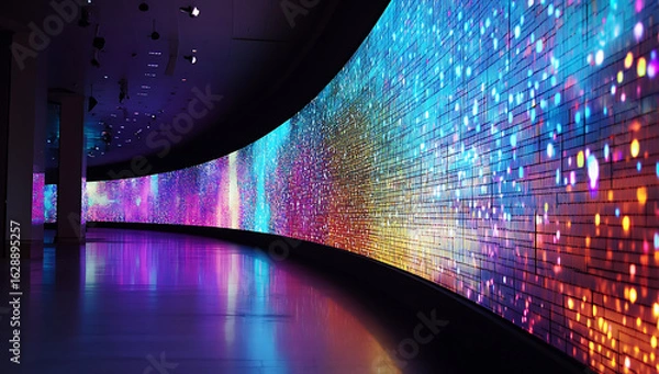 Obraz Large curved led screen displaying colorful abstract patterns in a modern exhibition space with reflective floor