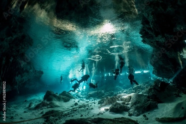 Fototapeta Divers explore a stunning underwater cave system with a sunlit opening.