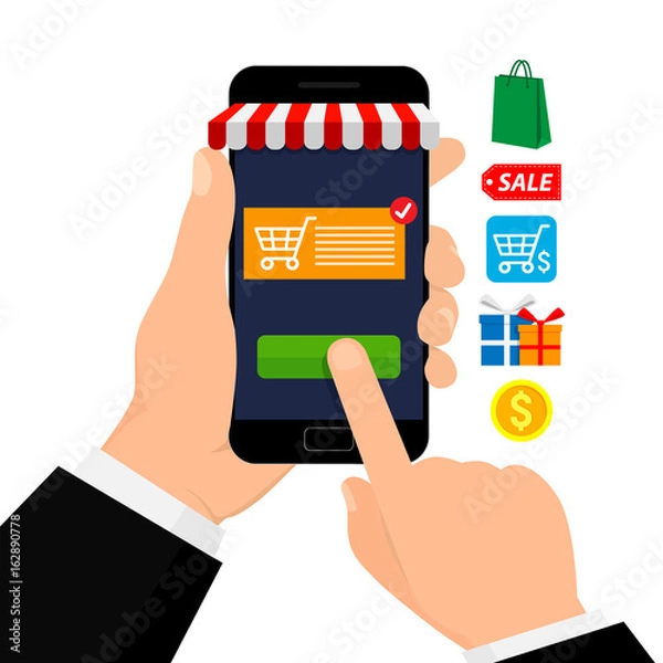 Obraz Mobile shopping. Mobile marketing. App store. Vector illustration icon. Flat style.