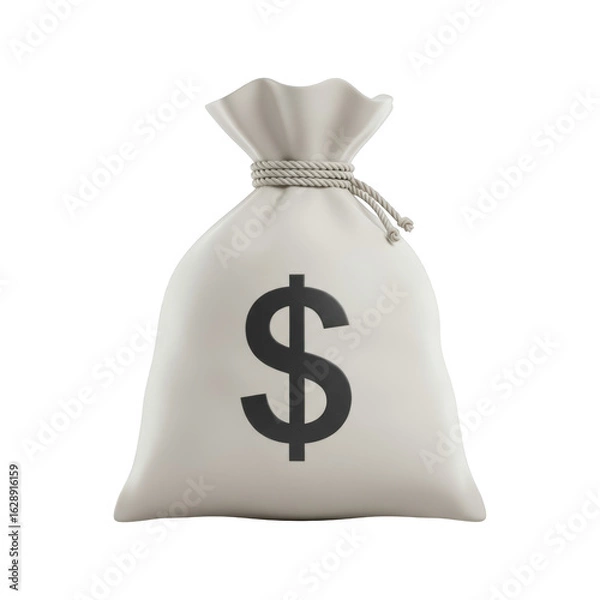 Fototapeta A 3D illustration of a white money bag tied with a rope featuring a large dark dollar sign Isolated On White Background