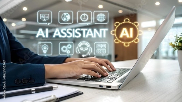 Fototapeta AI assistant and generative AI tools concept with chatbot interface, showing icons for text, voice, media generation. Content on artificial intelligence, productivity tools, digital innovation