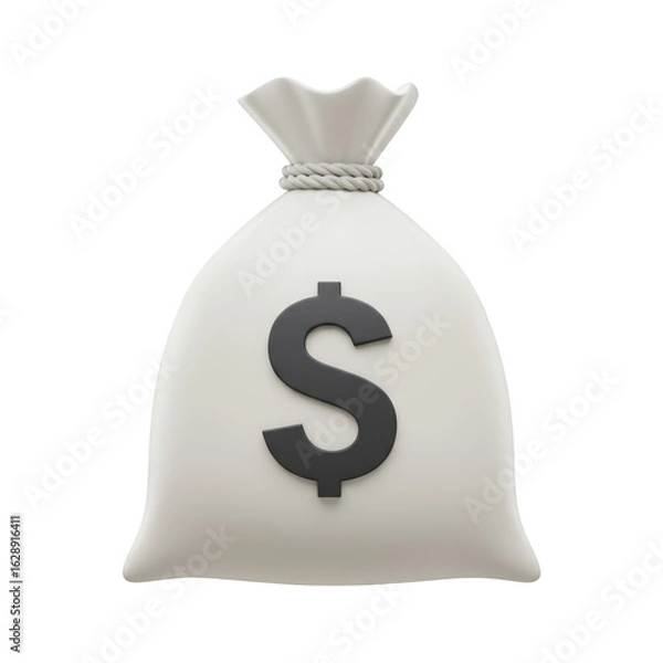 Fototapeta A 3D illustration of a white money bag tied with a rope featuring a large dark dollar sign Isolated On White Background