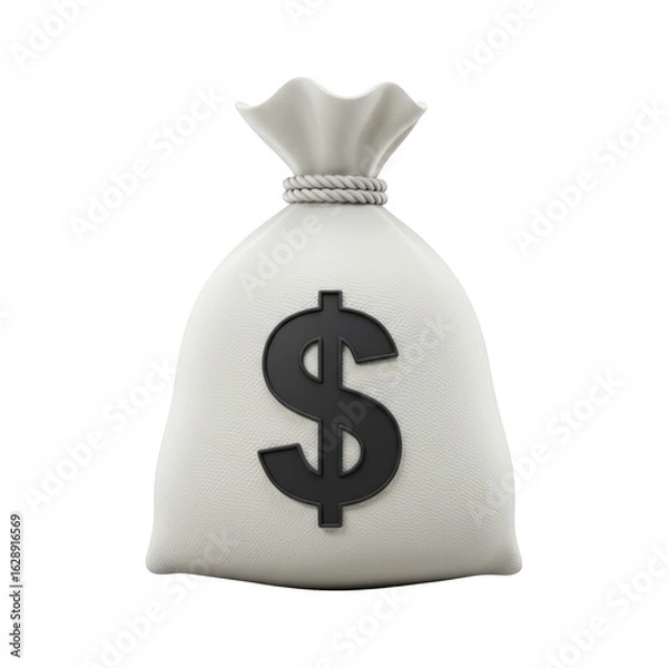 Fototapeta A 3D illustration of a white money bag tied with a rope featuring a large dark dollar sign Isolated On White Background