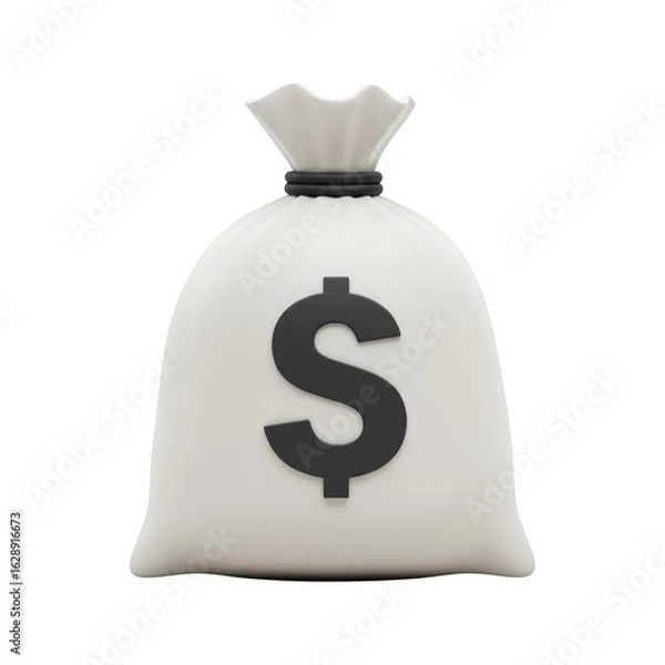 Fototapeta A 3D illustration of a white money bag tied with a rope featuring a large dark dollar sign Isolated On White Background