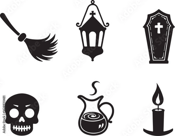Fototapeta Spooky Halloween icons set including skull, coffin, candle, and broom