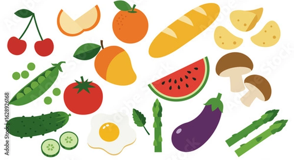 Fototapeta flat vector icons of food allergens and dietary restrictions, colorful outlined style with soft shading, clean white background, icons of ingredients, packaged food, and prohibition signs, simple shap