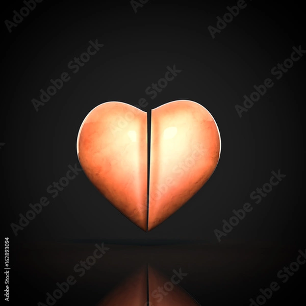 Fototapeta 3D heart on black background, split from the center.