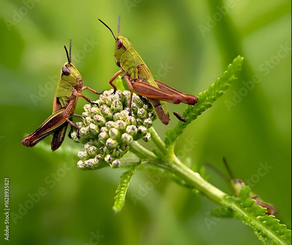 Fototapeta In the photo, three individuals of the meadow grasshopper (Pseudochorthippus parallelus) are communicating. Macro scenery of small grasshoppers (tribe Gomphocerini) on a meadow flower Yarrow.