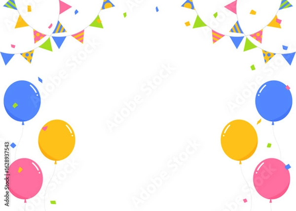 Fototapeta ガーランド、旗、紙吹雪、風船のデコレーションフレーム