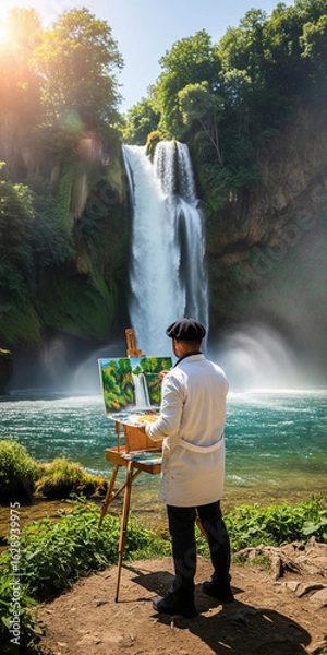 Fototapeta  A man in a white coat and black beret paints a large waterfall cascading into a turquoise river on a sunny day.