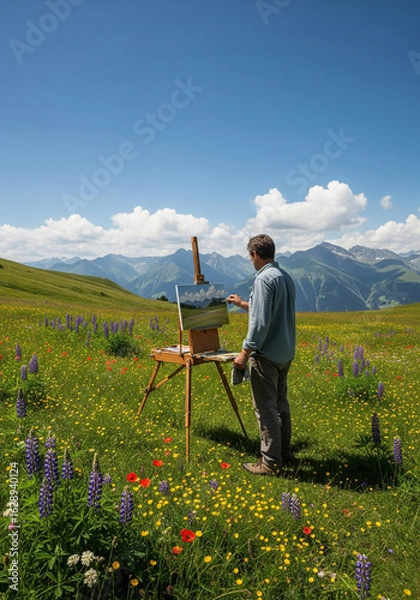 Obraz A man stands painting a mountain landscape on an easel in a field of green grass and wildflowers under a bright blue sky.