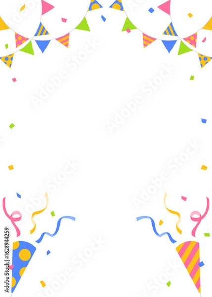 Obraz 紙吹雪、ガーランド、パーティークラッカーのデコレーションフレーム、縦向き