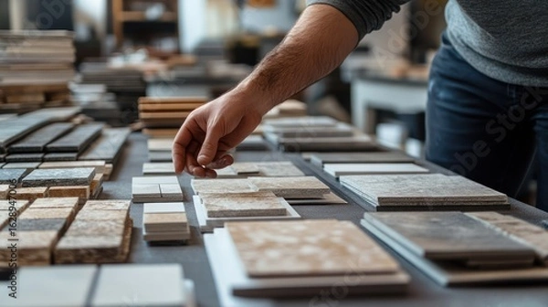 Obraz Man selecting tiles, showroom, interior design, background blurred