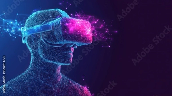 Obraz Virtual Reality Headset User, Digital Metaverse, Neon Background, Tech Innovation