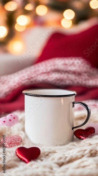 Fototapeta Cozy cup on warm blanket with heart and festive background lights