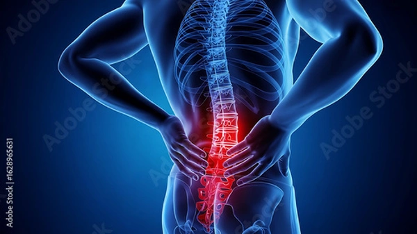 Fototapeta Close up of a translucent human body showing a glowing red spine indicating lower back pain and discomfort