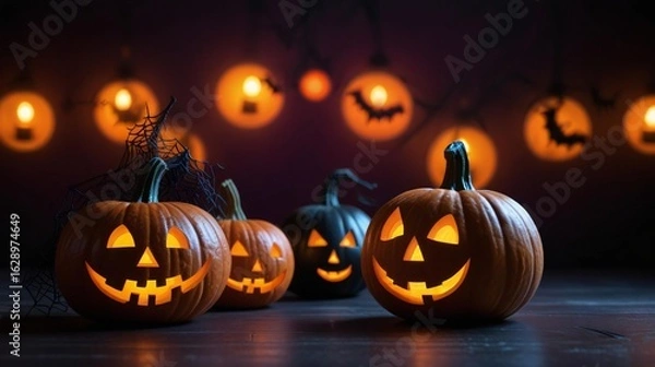 Fototapeta Spooky jack o lanterns glow in the dark halloween night