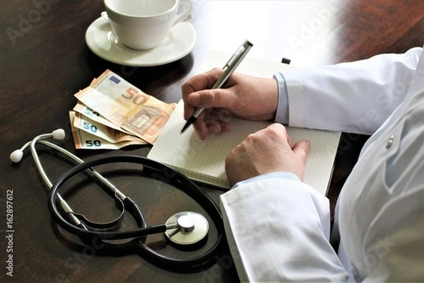 Fototapeta An Image of a corrupt doctor with money