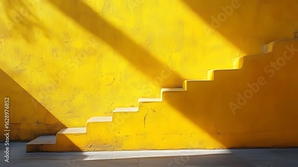 Obraz Vibrant yellow architectural scene: yellow walls and stairs in sunlight with sharp-edged shadows, modern abstract minimalist style, textured details and orange-yellow tones