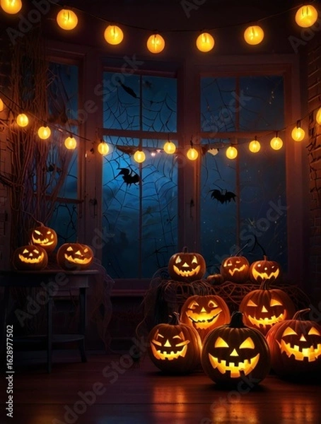 Obraz Spooky halloween night with glowing jack o lanterns and string lights