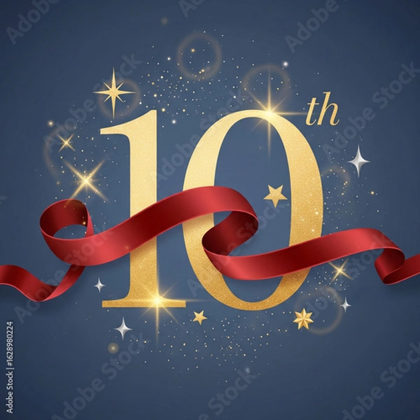 Fototapeta 金色の数字「10」と赤いリボンが描かれた10周年記念のイラスト。記念日、お祝い、成功、イベント、パーティー、マイルストーン。