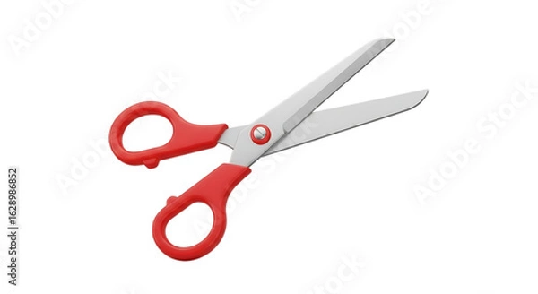 Fototapeta Red handled scissors open and ready for cutting isolated on transparent background