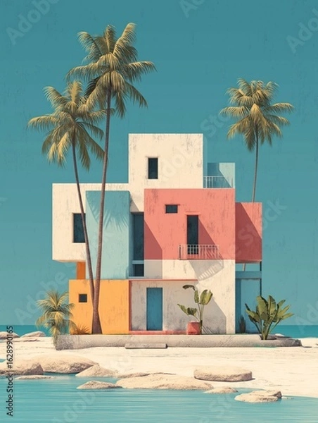 Fototapeta Vibrant abstract house at the beach with palm trees under a clear sky