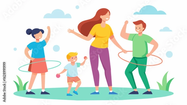 Fototapeta A family with young children using props like hula hoops and jump ropes to make stretching more fun and engaging.. Vector illustration