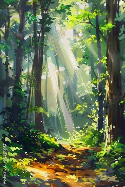 Obraz serene forest scene during a bright sunny day, featuring tall trees with vibrant green leaves and sunlight streaming through the canopy. The grassy forest floor is lush and inviting,