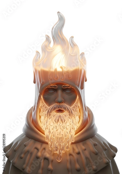 Obraz An illuminated candle-headed figure glows against a black background. The figure is a beige-colored monk with a melting candle effect around the face and a glowing beard.