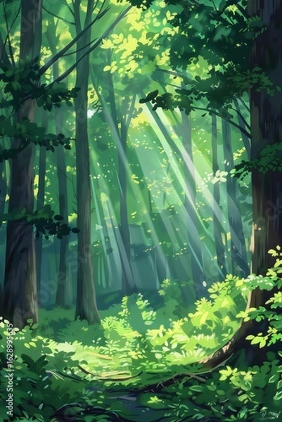 Obraz serene forest scene during a bright sunny day, featuring tall trees with vibrant green leaves and sunlight streaming through the canopy. The grassy forest floor is lush and inviting,