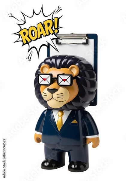 Obraz Lion figurine wearing glasses and suit holding clipboard with Roar comic bubble against a transparent background.