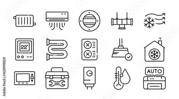 Fototapeta HVAC system linear icon set. Heating, ventilation, air conditioning, thermostat, airflow, duct, fan, filter, temperature control, cooling, energy efficiency, repair vector icon set. UI thin line pack