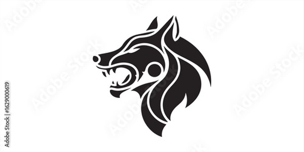 Fototapeta A stylized black wolf head with sharp teeth and intricate design elements on a white background