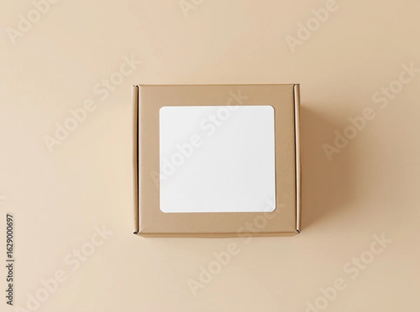 Obraz Cardboard box with blank label mockup on beige background
