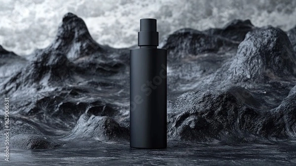 Fototapeta Black bottle stands against a textured gray background resembling a rocky landscape.