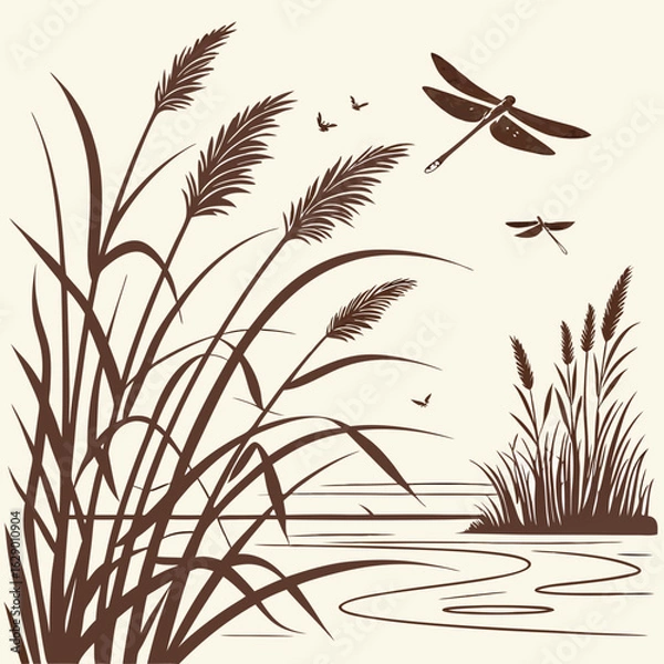 Fototapeta Brown Silhouette of Dragonflies and Reeds by a Calm Body of Water