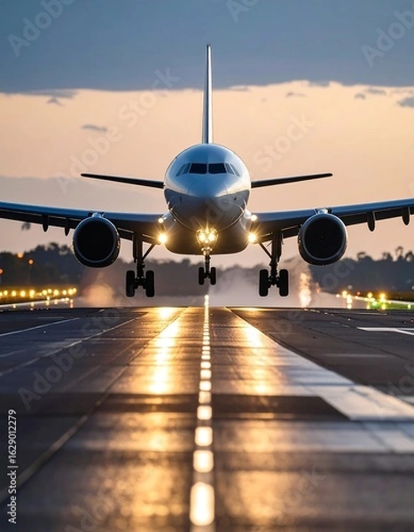 Obraz Airplane landing at dusk, runway lights reflecting on wet tarmac