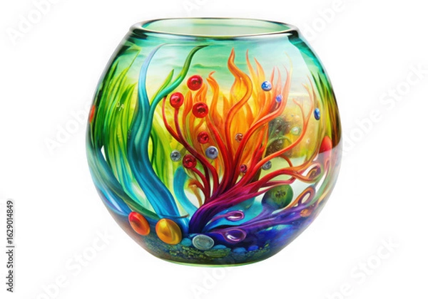 Obraz Vibrant hand blown glass vase with colorful abstract coral design isolated on transparent background