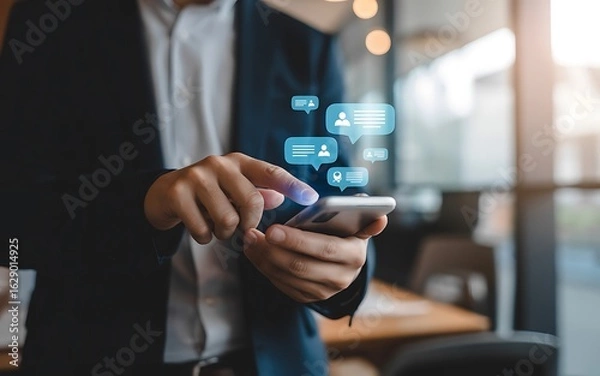 Fototapeta Businessman in a suit using a smartphone for social media communication. Digital icons for messages and profiles float above the modern device.