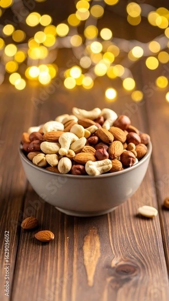 Fototapeta Bowl of mixed nuts on a wooden table with blurred lights