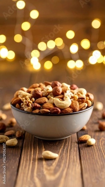 Fototapeta Bowl of mixed nuts on wooden table with bokeh lights