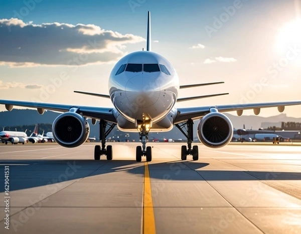 Obraz Airplane taxiing on runway at sunset (2)